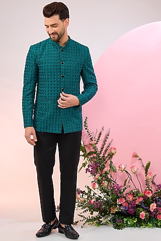 Blue Silk Cutdana Embroidered Bandhgala Jacket by Kasbah Clothing