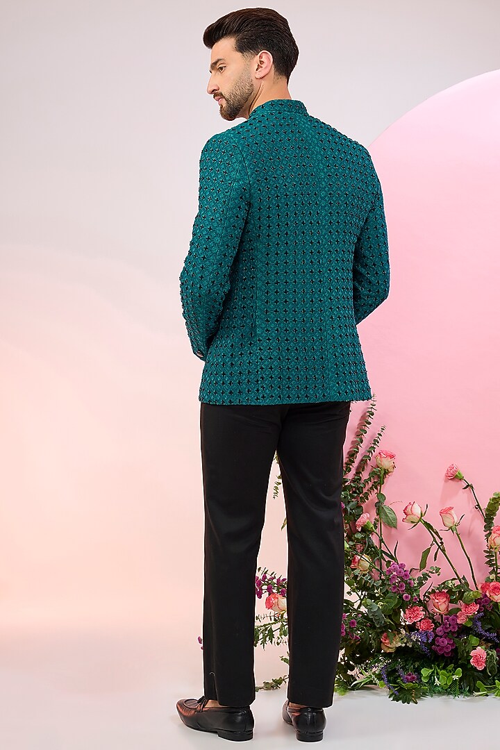 Blue Silk Cutdana Embroidered Wedding Bandhgala Jacket by Kasbah Clothing at Pernia's Pop Up Shop