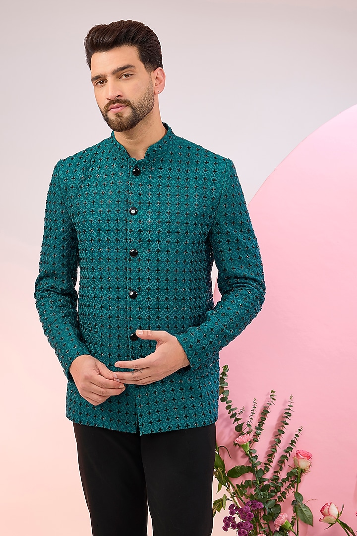 Blue Silk Cutdana Embroidered Wedding Bandhgala Jacket by Kasbah Clothing at Pernia's Pop Up Shop