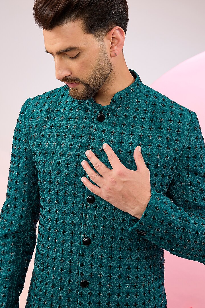 Blue Silk Cutdana Embroidered Wedding Bandhgala Jacket by Kasbah Clothing at Pernia's Pop Up Shop