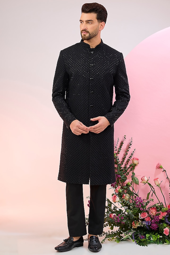 Black Silk Cutdana & Threadwork Sherwani by Kasbah Clothing