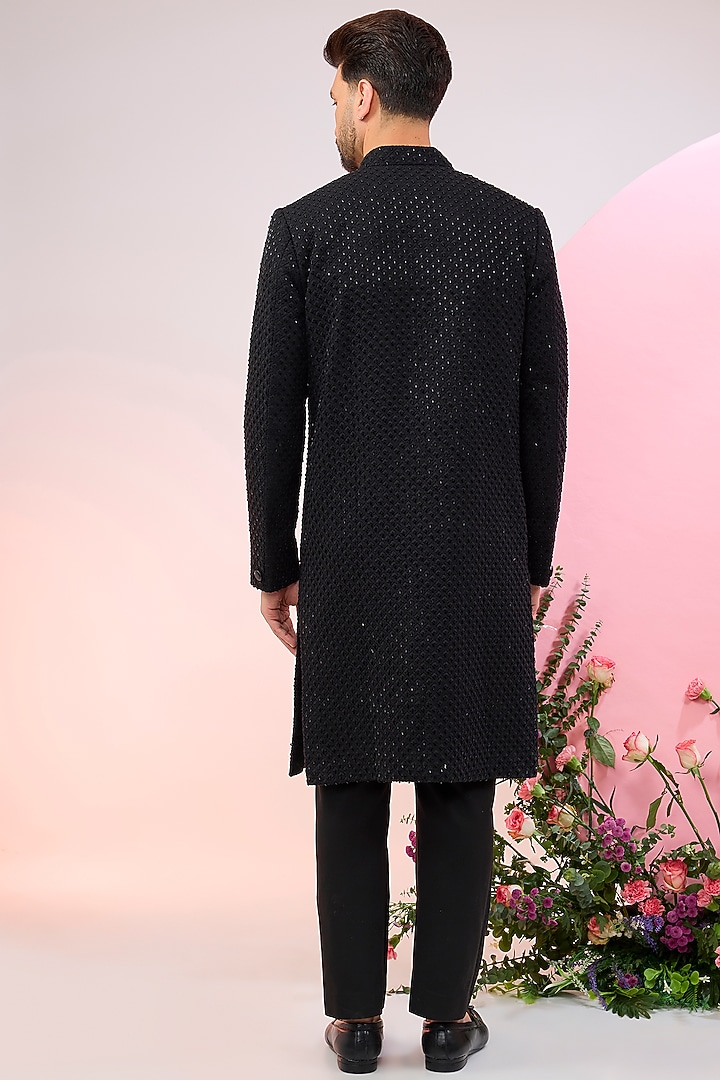 Black Silk Cutdana & Threadwork Wedding Sherwani by Kasbah Clothing at Pernia's Pop Up Shop