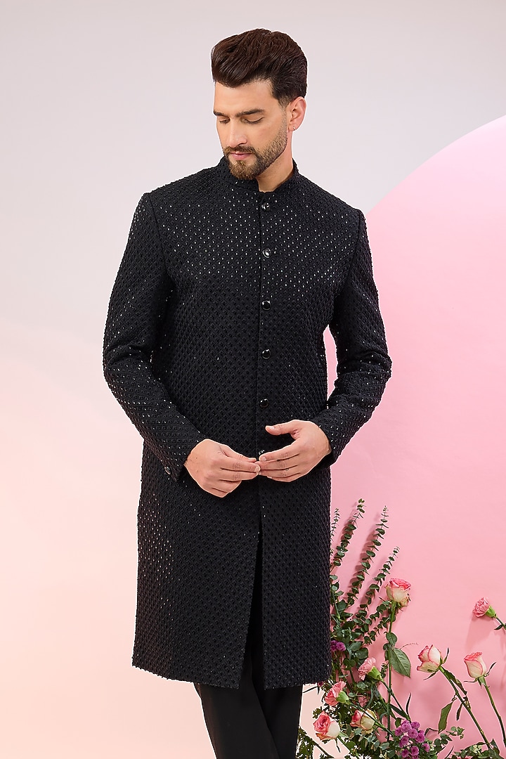 Black Silk Cutdana & Threadwork Wedding Sherwani by Kasbah Clothing at Pernia's Pop Up Shop