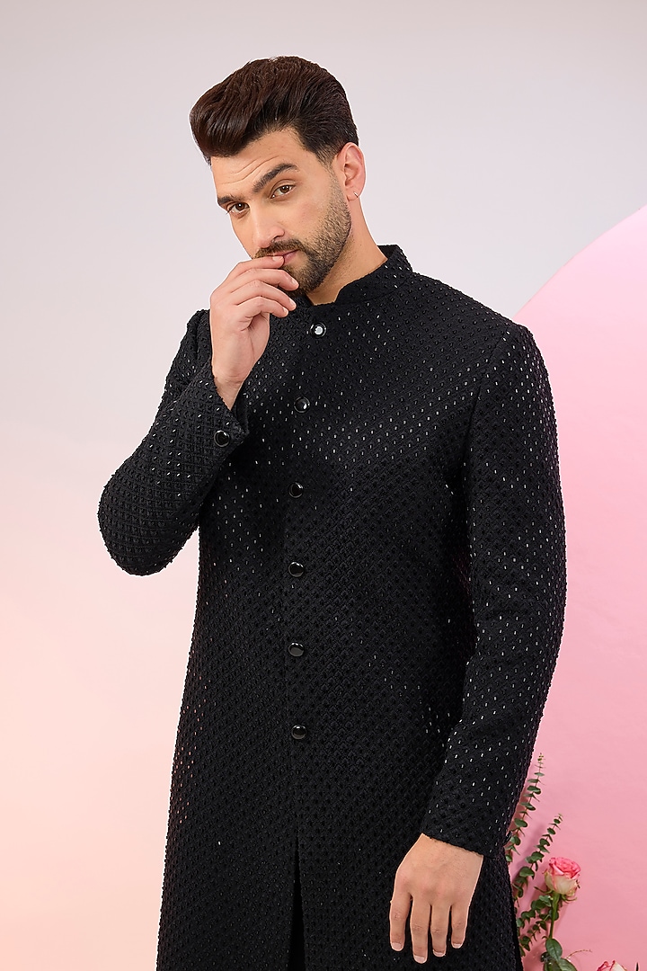Black Silk Cutdana & Threadwork Wedding Sherwani by Kasbah Clothing at Pernia's Pop Up Shop