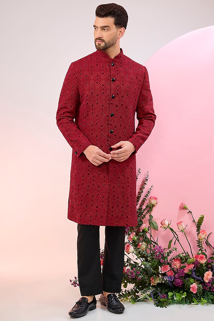 Red Silk Cutdana & Threadwork Sherwani by Kasbah Clothing