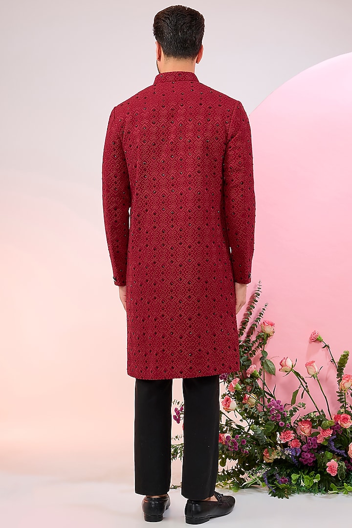 Red Silk Cutdana & Threadwork Wedding Sherwani by Kasbah Clothing at Pernia's Pop Up Shop