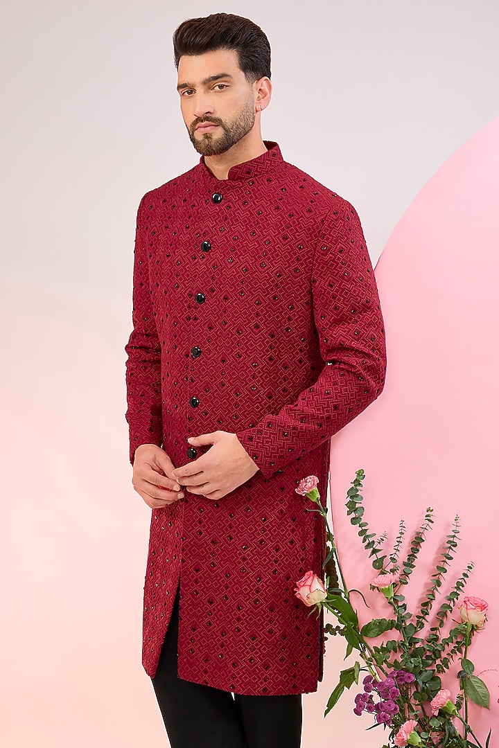 Red Silk Cutdana & Threadwork Wedding Sherwani by Kasbah Clothing at Pernia's Pop Up Shop