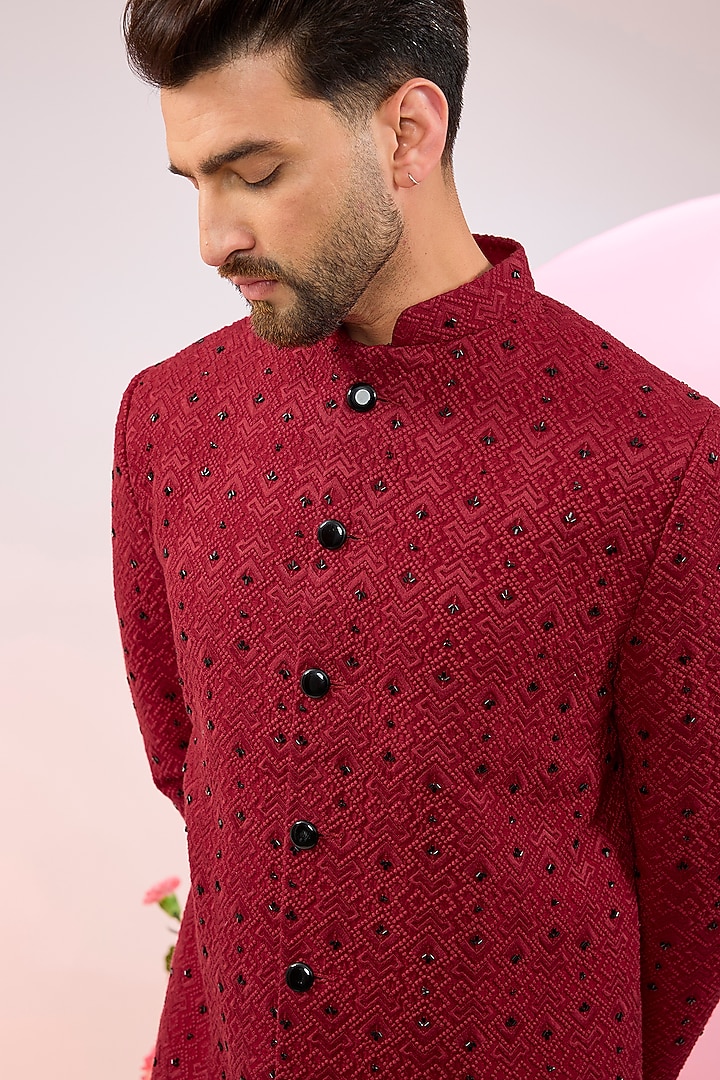 Red Silk Cutdana & Threadwork Wedding Sherwani by Kasbah Clothing at Pernia's Pop Up Shop