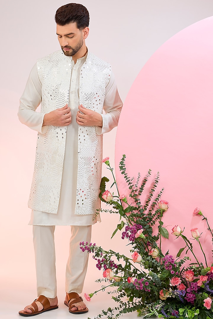 White Silk Mirror Work Nehru Jacket by Kasbah Clothing at Pernia's Pop Up Shop