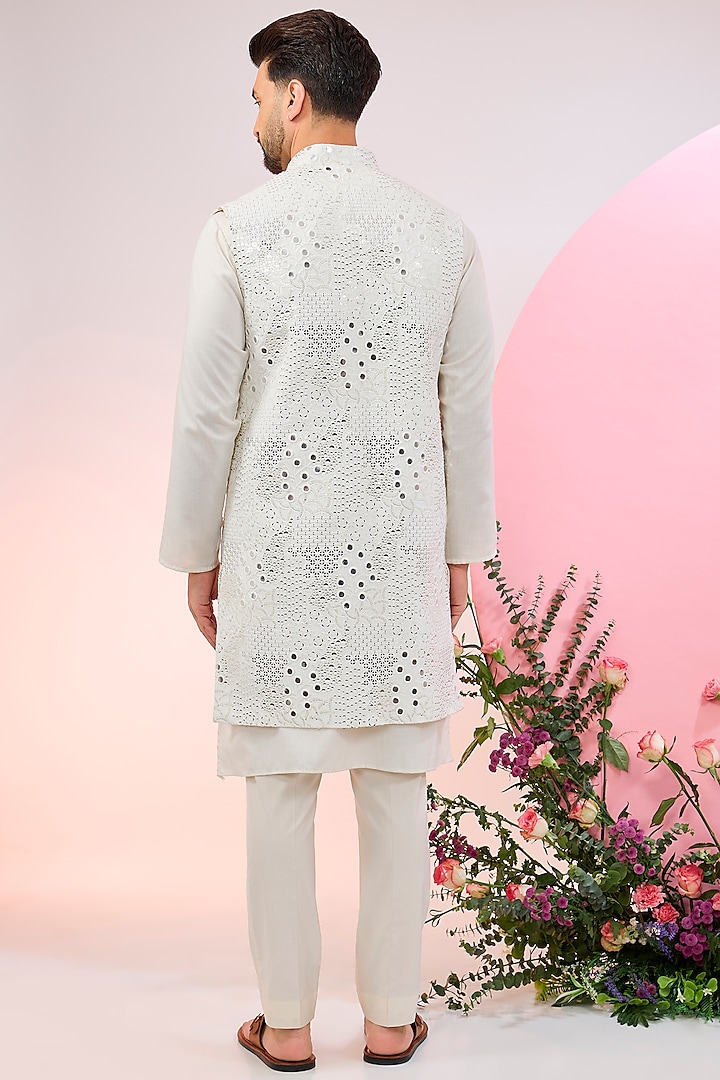 White Silk Mirror Work Nehru Jacket by Kasbah Clothing at Pernia's Pop Up Shop