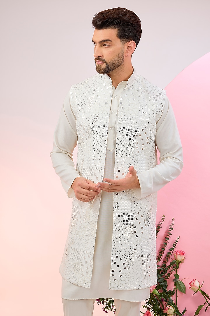White Silk Mirror Work Nehru Jacket by Kasbah Clothing at Pernia's Pop Up Shop