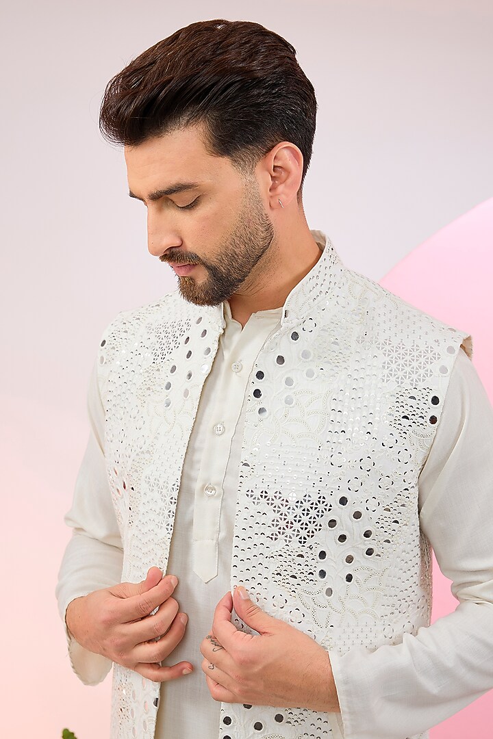 White Silk Mirror Work Nehru Jacket by Kasbah Clothing at Pernia's Pop Up Shop