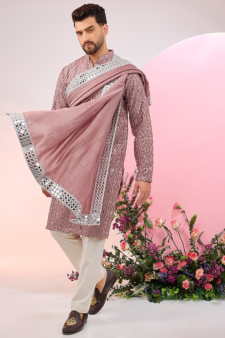 Purple Silk Mirror Embellished Kurta With Stole by Kasbah Clothing