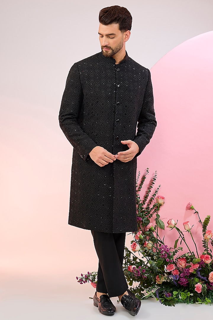 Black Silk Cutdana Work Sherwani by Kasbah Clothing