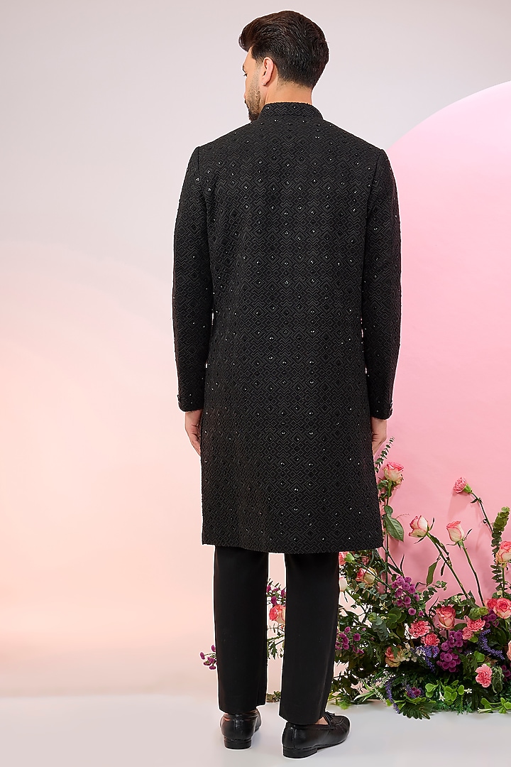 Black Silk Cutdana Work Wedding Sherwani by Kasbah Clothing at Pernia's Pop Up Shop