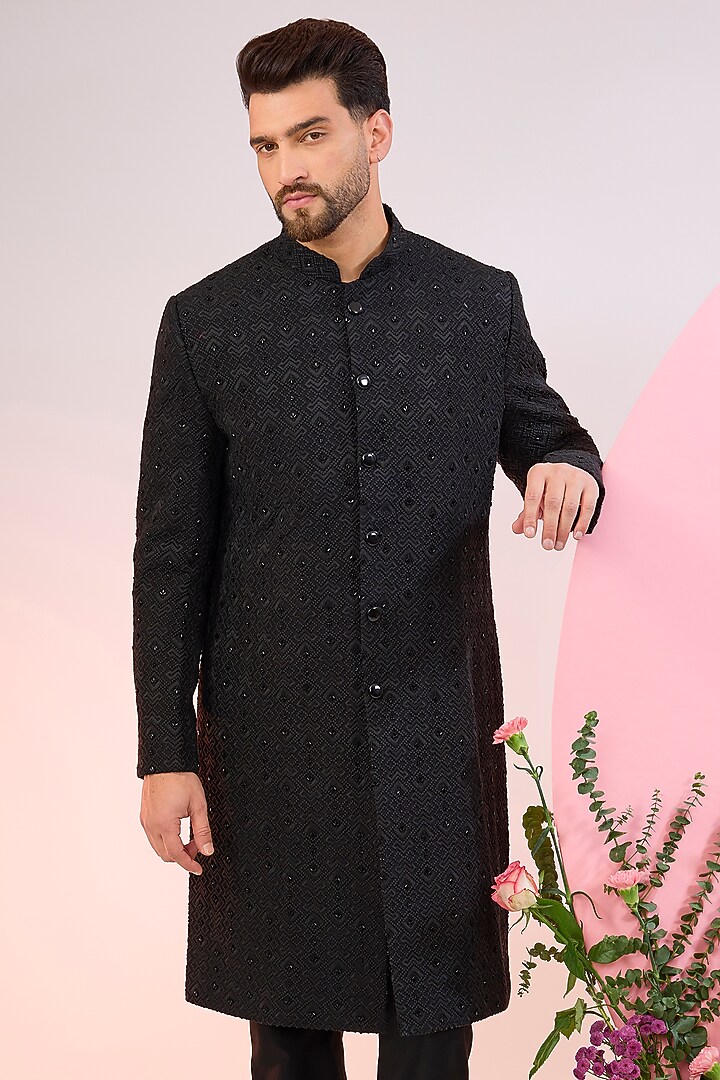 Black Silk Cutdana Work Wedding Sherwani by Kasbah Clothing at Pernia's Pop Up Shop