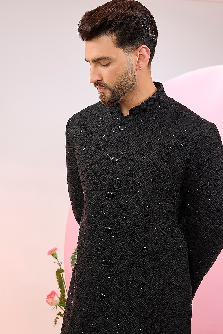Black Silk Cutdana Work Wedding Sherwani by Kasbah Clothing at Pernia's Pop Up Shop