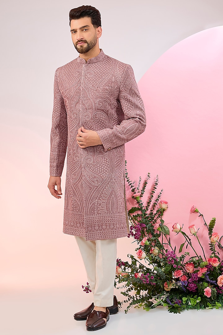 Mauve Silk Aari & Jamawar Embroidered Wedding Sherwani by Kasbah Clothing at Pernia's Pop Up Shop