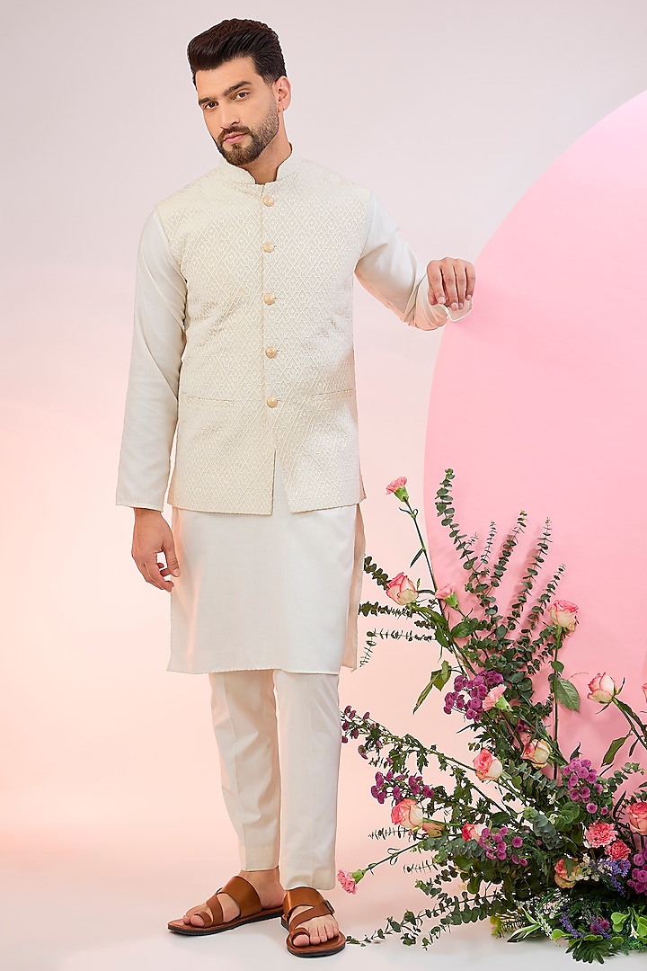 Cream Chanderi Embroidered Nehru Jacket by Kasbah Clothing at Pernia's Pop Up Shop