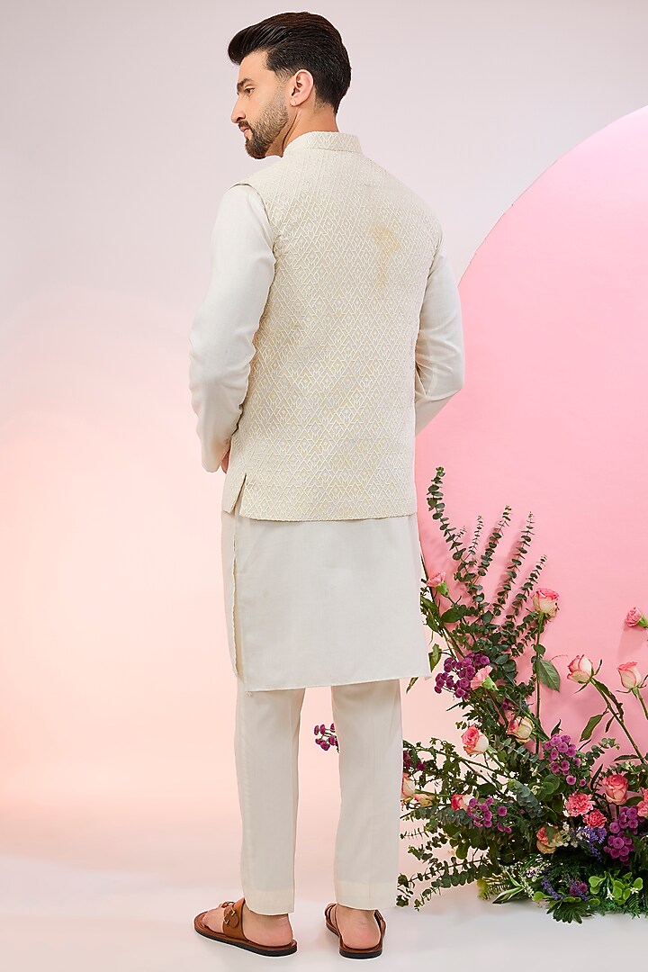 Cream Chanderi Embroidered Nehru Jacket by Kasbah Clothing at Pernia's Pop Up Shop