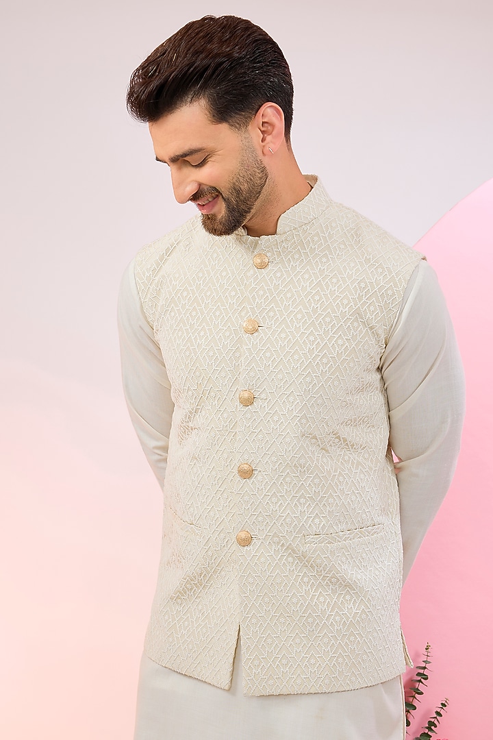 Cream Chanderi Embroidered Nehru Jacket by Kasbah Clothing at Pernia's Pop Up Shop