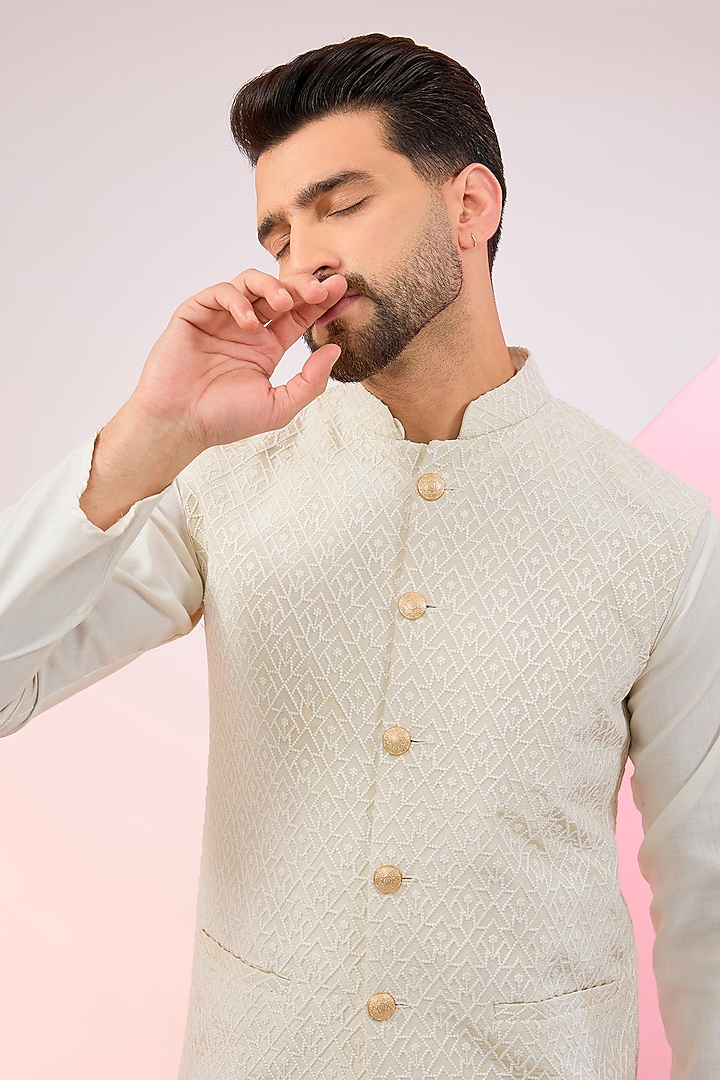 Cream Chanderi Embroidered Nehru Jacket by Kasbah Clothing at Pernia's Pop Up Shop