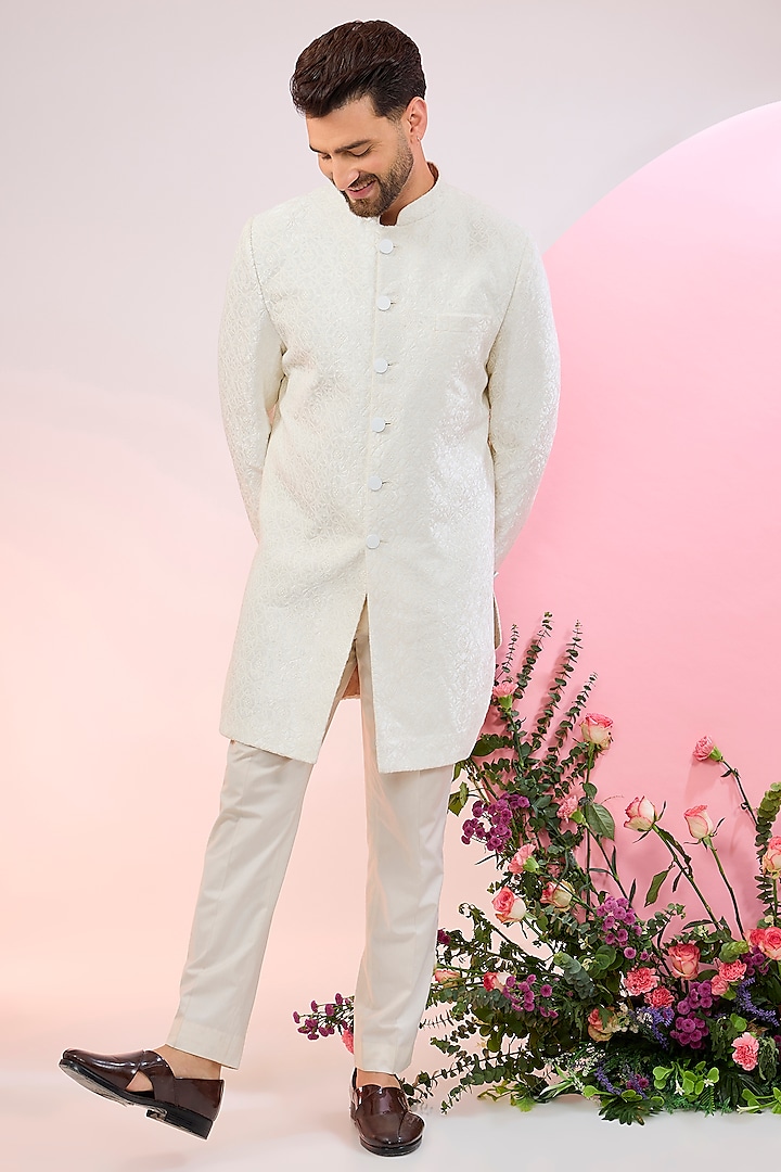 White Velvet Embroidered Indowestern Jacket by Kasbah Clothing at Pernia's Pop Up Shop