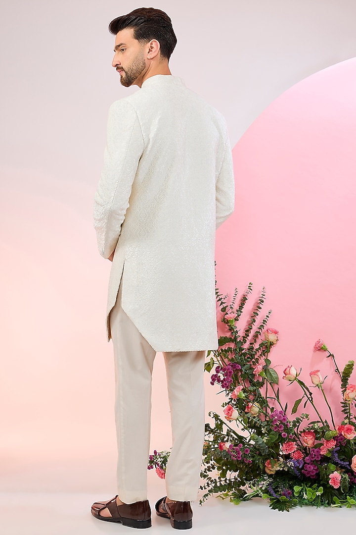 White Velvet Embroidered Wedding Indowestern Jacket by Kasbah Clothing at Pernia's Pop Up Shop