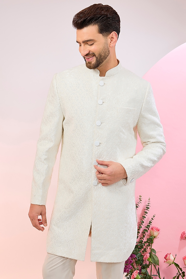 White Velvet Embroidered Wedding Indowestern Jacket by Kasbah Clothing at Pernia's Pop Up Shop
