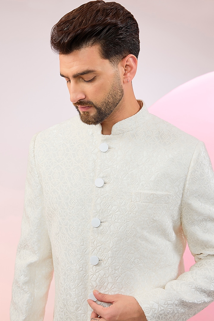 White Velvet Embroidered Wedding Indowestern Jacket by Kasbah Clothing at Pernia's Pop Up Shop