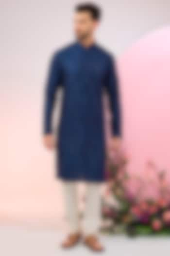 Bright Navy Blue Silk Sequins Work Chikankari Kurta by Kasbah Clothing