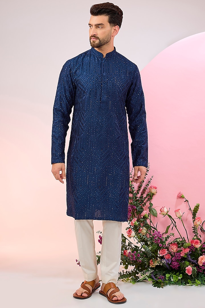 Bright Navy Blue Silk Sequins Work Chikankari Kurta by Kasbah Clothing