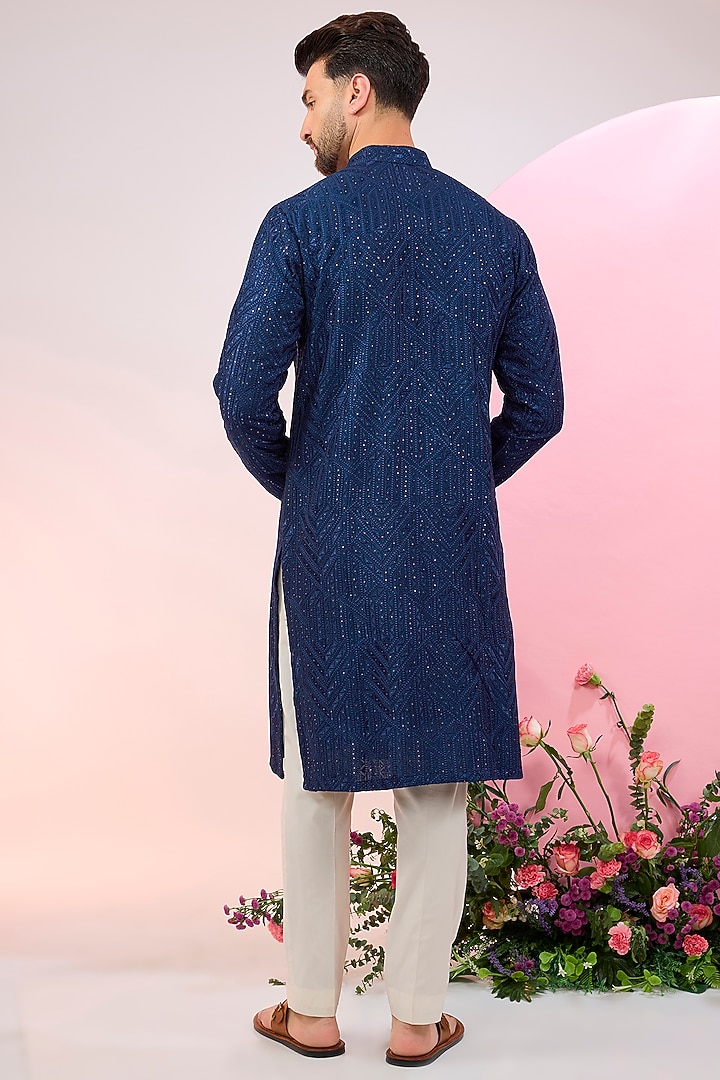 Bright Navy Blue Silk Sequins Work Chikankari Kurta by Kasbah Clothing at Pernia's Pop Up Shop