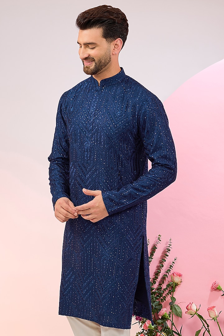 Bright Navy Blue Silk Sequins Work Chikankari Kurta by Kasbah Clothing at Pernia's Pop Up Shop