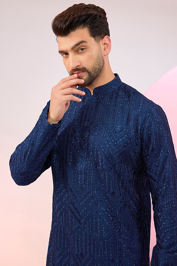 Bright Navy Blue Silk Sequins Work Chikankari Kurta by Kasbah Clothing at Pernia's Pop Up Shop