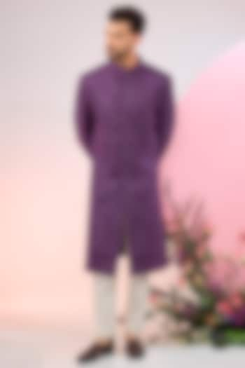 Purple Silk Jamawar Embroidered Sherwani by Kasbah Clothing