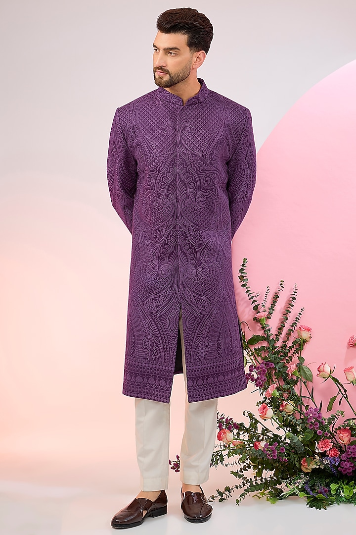 Purple Silk Jamawar Embroidered Sherwani by Kasbah Clothing