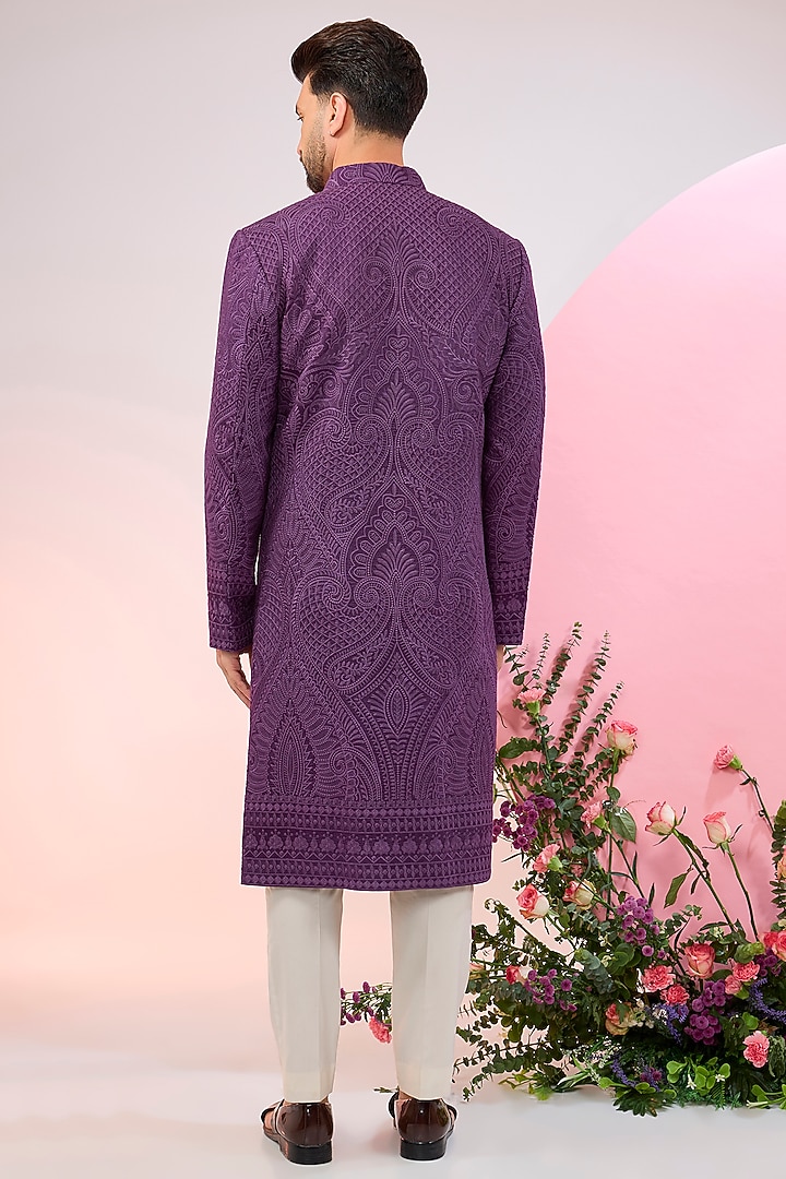 Purple Silk Jamawar Embroidered Wedding Sherwani by Kasbah Clothing at Pernia's Pop Up Shop