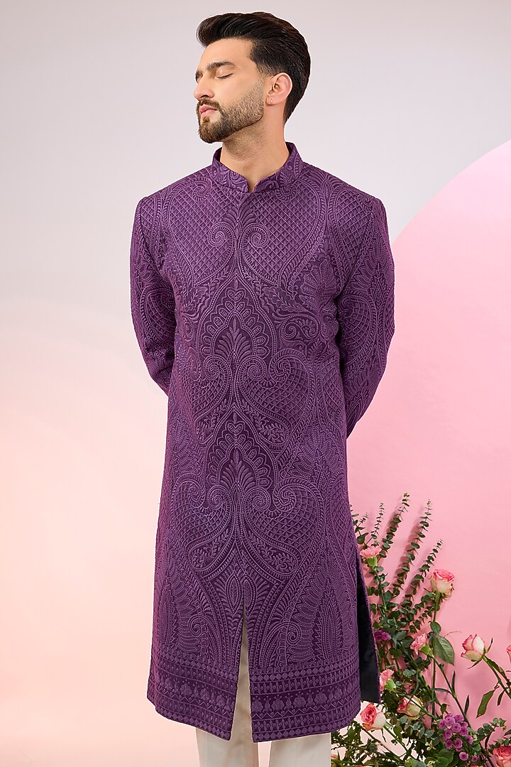 Purple Silk Jamawar Embroidered Wedding Sherwani by Kasbah Clothing at Pernia's Pop Up Shop
