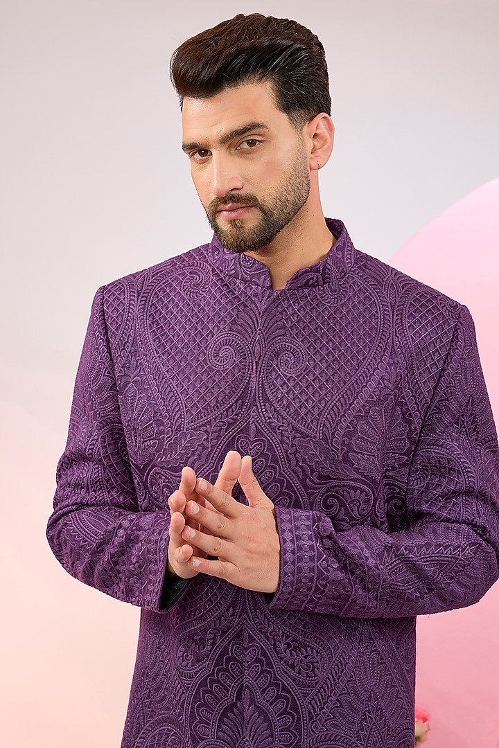 Purple Silk Jamawar Embroidered Wedding Sherwani by Kasbah Clothing at Pernia's Pop Up Shop