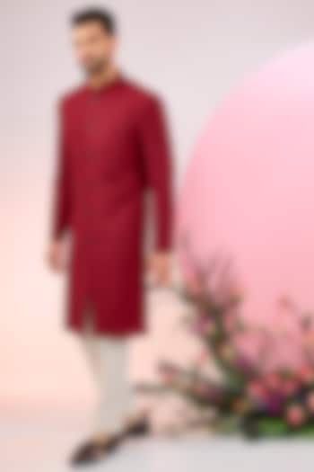 Red Silk Thread Embroidered Sherwani by Kasbah Clothing