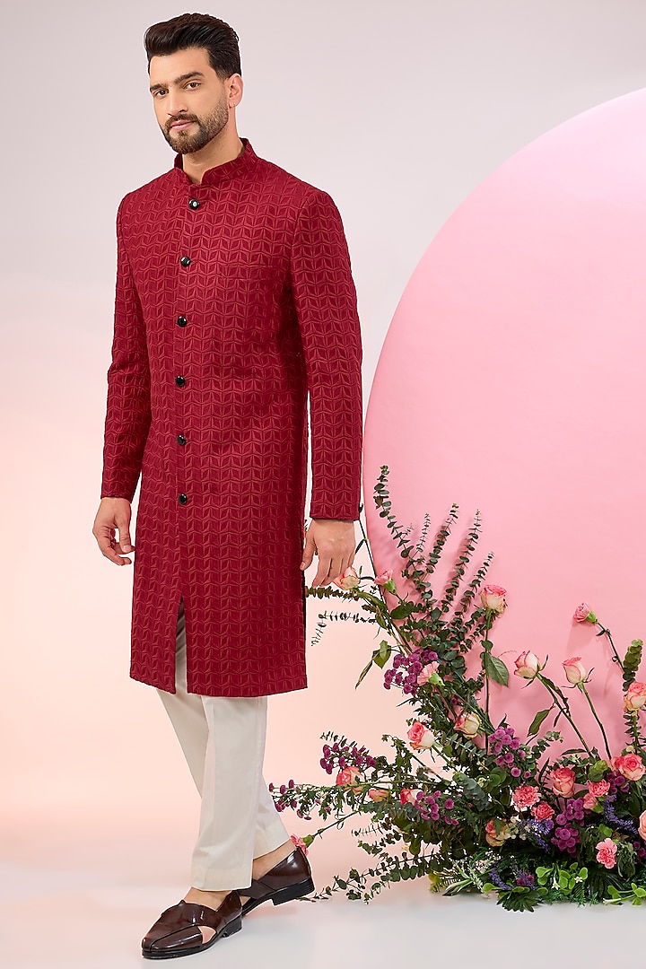 Red Silk Thread Embroidered Sherwani by Kasbah Clothing