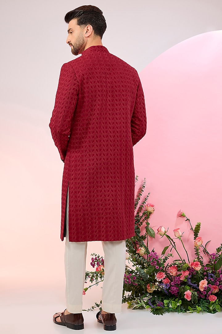 Red Silk Thread Embroidered Wedding Sherwani by Kasbah Clothing at Pernia's Pop Up Shop