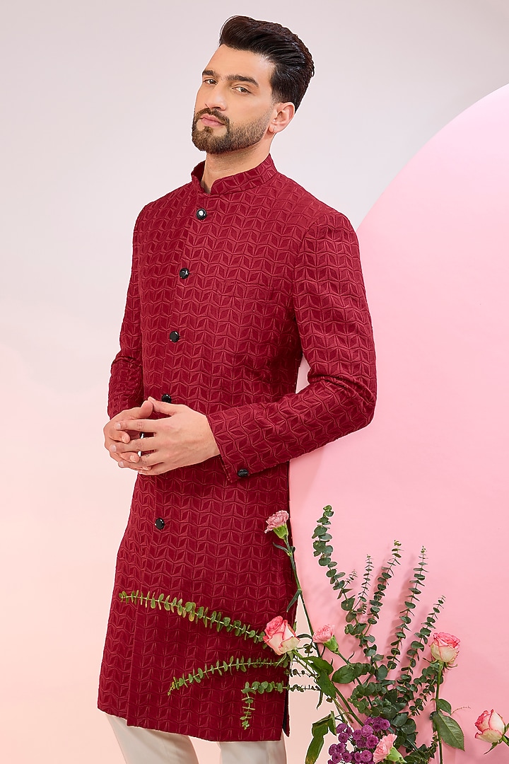 Red Silk Thread Embroidered Wedding Sherwani by Kasbah Clothing at Pernia's Pop Up Shop