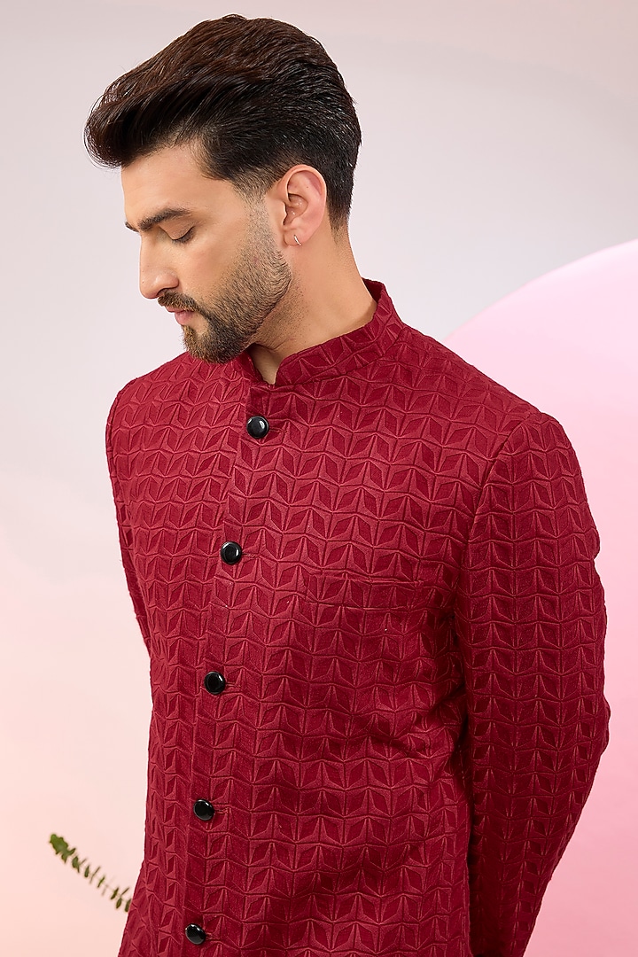 Red Silk Thread Embroidered Wedding Sherwani by Kasbah Clothing at Pernia's Pop Up Shop