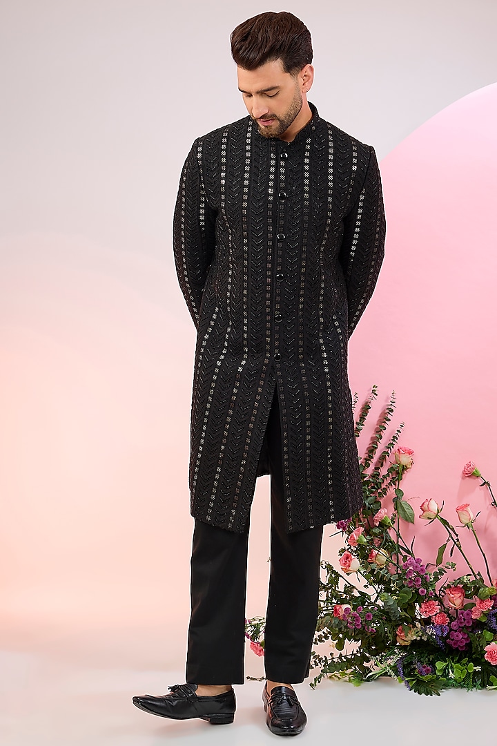 Black Silk Sequins Embroidered Wedding Sherwani by Kasbah Clothing at Pernia's Pop Up Shop