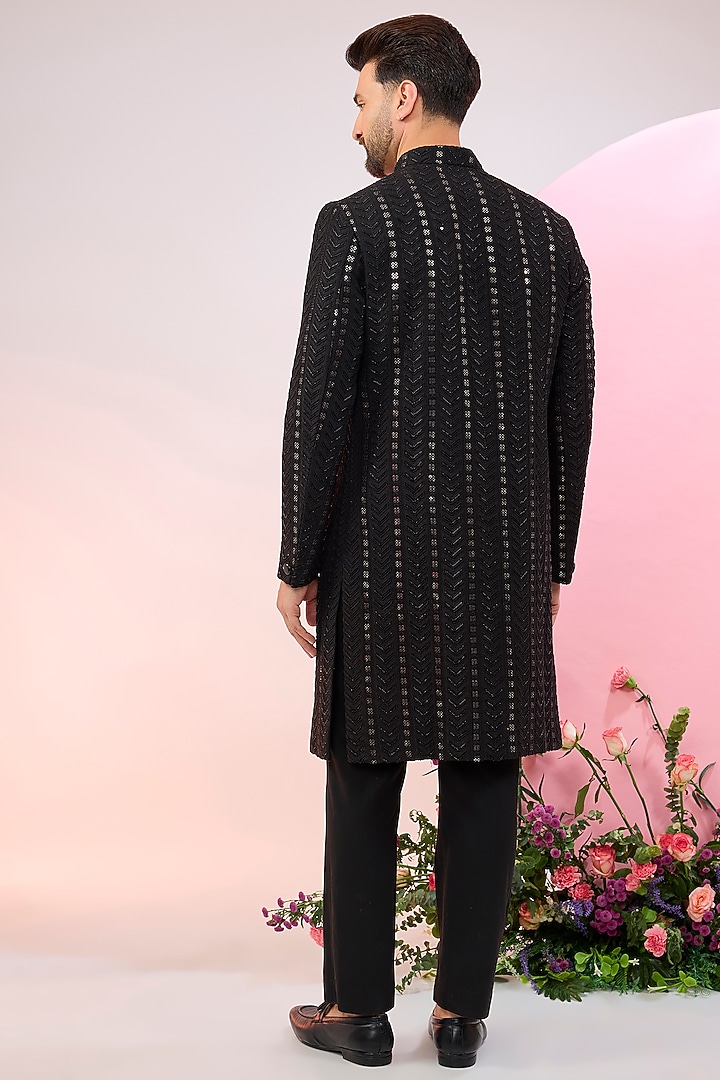 Black Silk Sequins Embroidered Wedding Sherwani by Kasbah Clothing at Pernia's Pop Up Shop