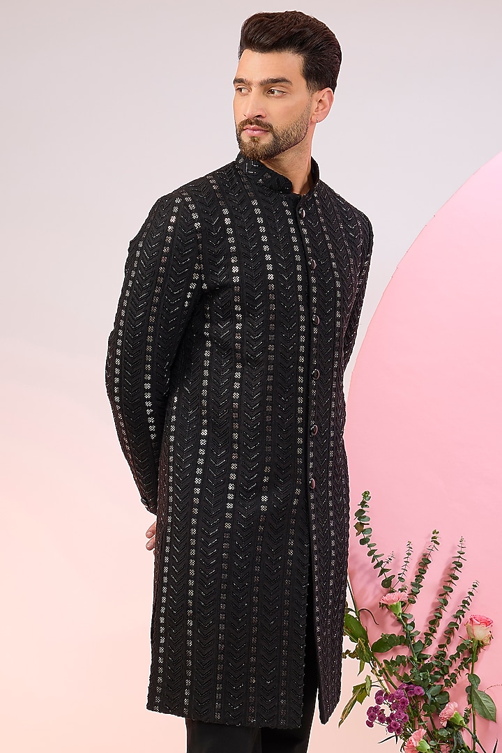 Black Silk Sequins Embroidered Wedding Sherwani by Kasbah Clothing at Pernia's Pop Up Shop