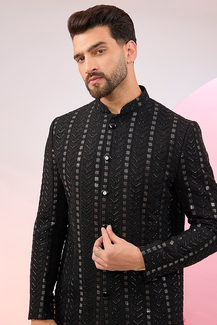 Black Silk Sequins Embroidered Wedding Sherwani by Kasbah Clothing at Pernia's Pop Up Shop