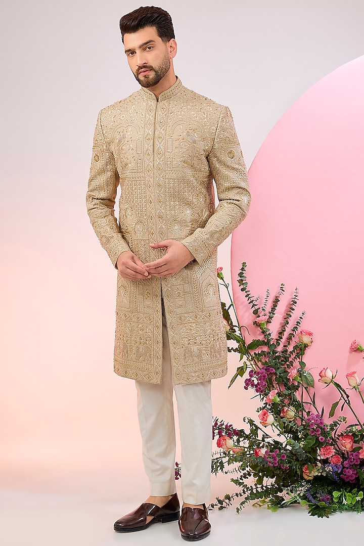 Beige Silk Hand Embroidered Sherwani by Kasbah Clothing